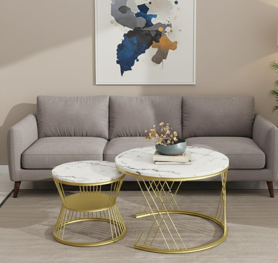 Image of The Round Coffee Table and The Stacking Tea Table with a Gold Metal Frame are Two Versatile Modern Center Tables that Look Great in Living Rooms (X White Gold)