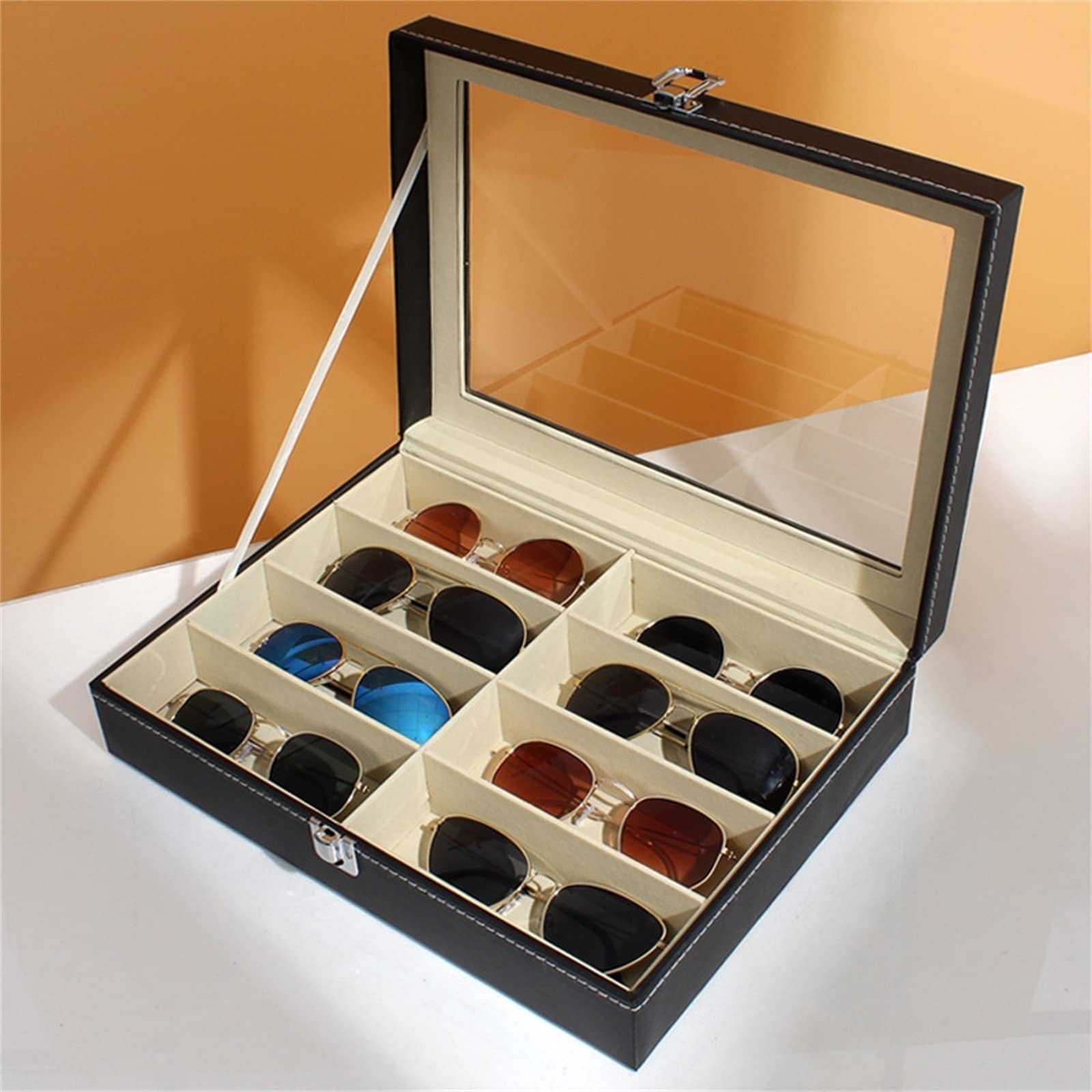 Sonnenbrillen Display Box PU-Leder 8-Positionen-Sonnenbrillen-Aufbewahrungsbox Display-Box Geschenkbox 8-Gitter Hochwertige Brillenbox (Color : Beige, Size : 33.8x25.5x7cm)