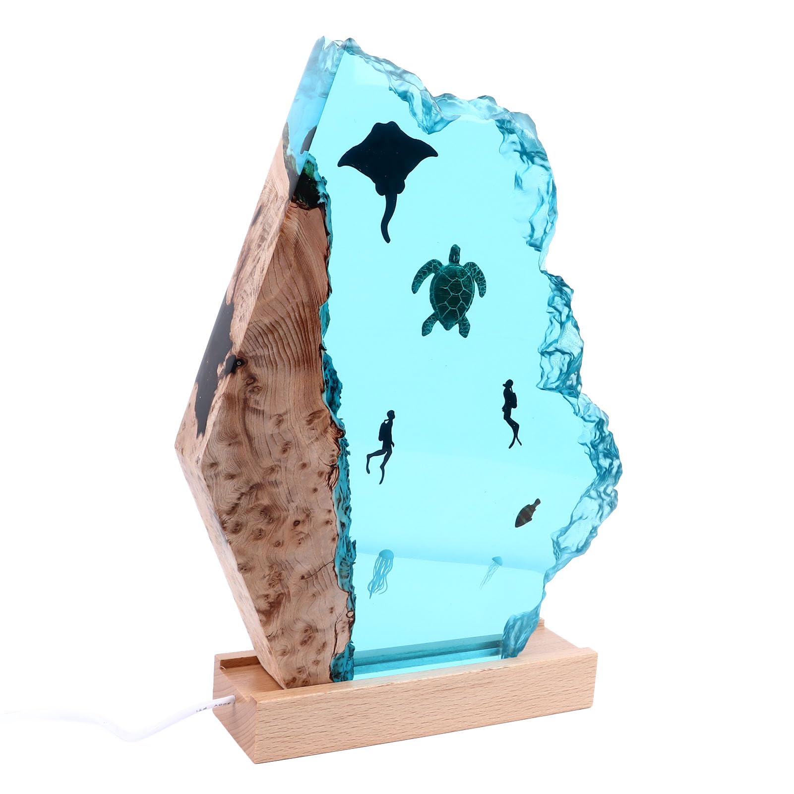 Dekorative Ozean-Skulptur mit Leuchte, 3D-Nachtlicht aus Kunstharz in Form eines Ozeantauchers, LED-Ozeanlicht. Inklusive USB-Kabel und Holzsockel, 22 x 17 cm