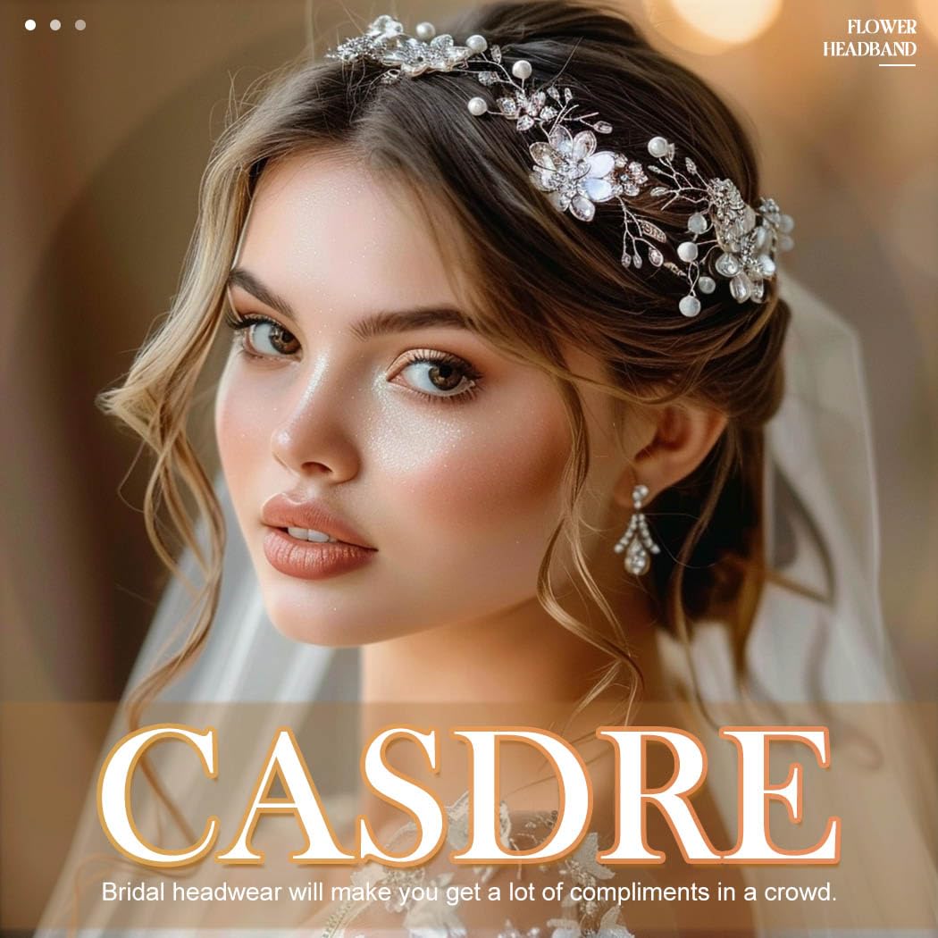 CASDRE Flower Wedding Headband Silver Pearl Bridal Headpiece Prom Leaf Hair Hoop Hair Accessories for Women and Brides (Silver, One Size) - Image 6
