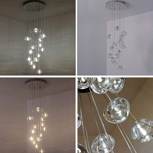 Miniatura 8 de KJLARS Candelabro LED de cristal moderno, lámpara de techo con forma de gota de lluvia, lámpara de bola de cristal de 15.7 pulgadas de ancho x 157