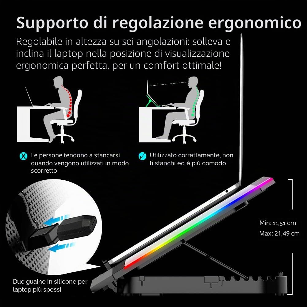 ICE COOREL Gaming Laptop Cooling Pad 15-17.3 pollici, ventola per laptop con 6 ventole di raffreddamento RGB, supporto di raffreddamento per laptop con 6 altezze regolabili, dispositivo di