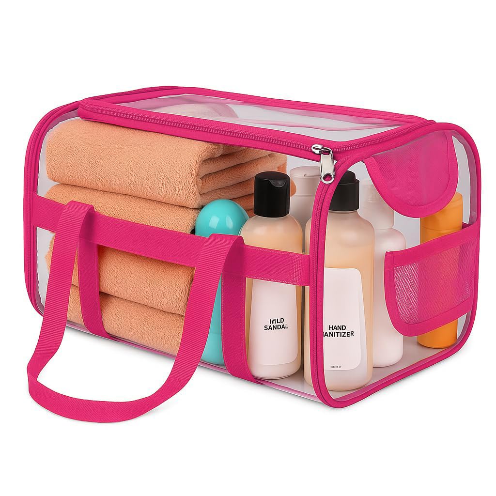 PVC Waterproof Transparent Large Travel Toiletry Bag for Man/Woman with Handle | Cosmetic/Makeup Organizer Pouch for Skincare & Shaving Kit | Pink-image-27