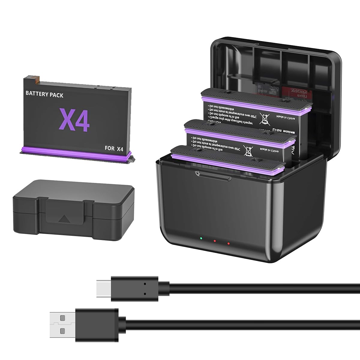 Azonpower 360 X4 Battery(1-Packs) with Fast Charger Hub Campatible with 360 X4 Battery 2500mAh,Quick Portable 3 Channel Batteries Charging Storage Station with Misro SD Card Accessories Slots