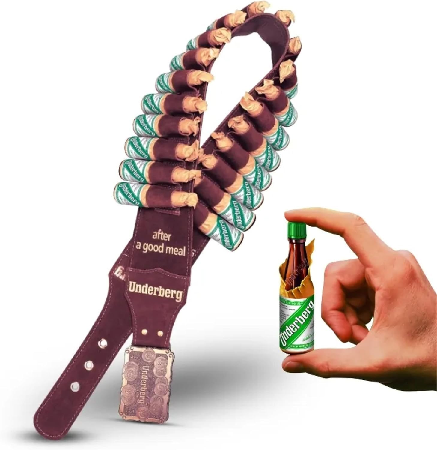 Cintura in Pelle Originale Underberg con 24 Bottigliette Mignon da 2cl Vol. 44% - Liquore Digestivo alle Erbe