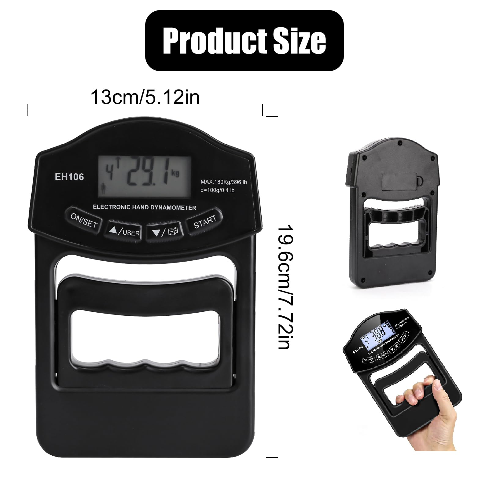 396 lb/180 kg Dinamómetro de Mano Fuerza de Prehensión, Fuerza de Prehensión Digital, Pantalla LED Dinamómetro de Mano de Medición, Metro de Medición Automática con Cable