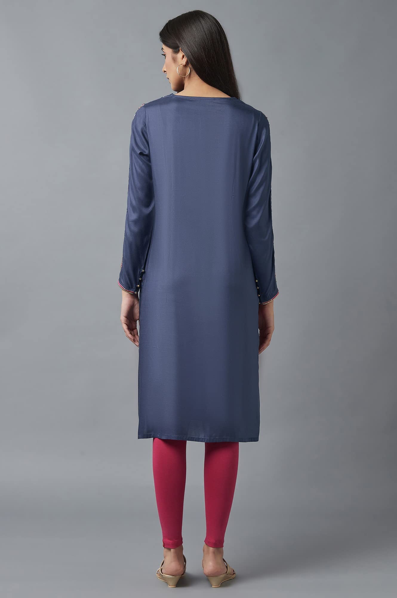 W For Woman Women's Viscose Solid Regular Kurta (22Fes10855-216215_Smokey Blue_L)