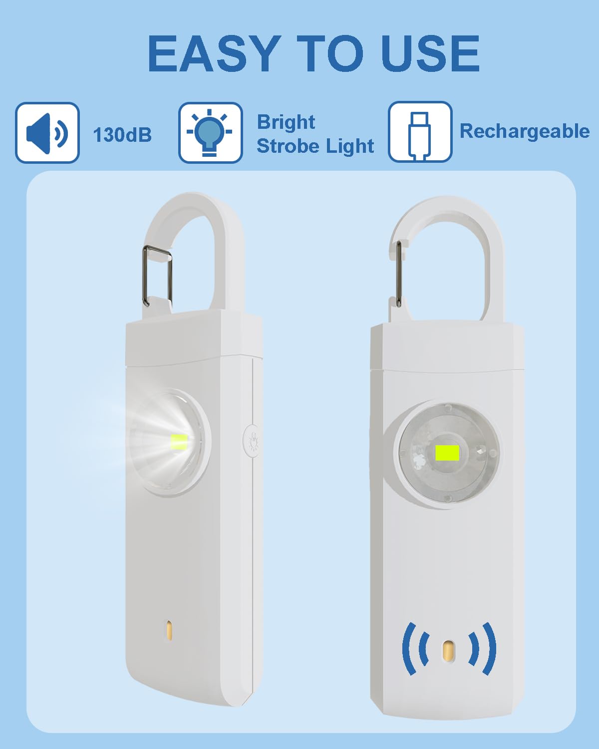 Alarma de seguridad personal recargable para mujeres, sonido de sirena fuerte, luz LED SOS estroboscópica, carga USB, alarma personal, llavero de autodefensa para esposa, hija, estudiante,