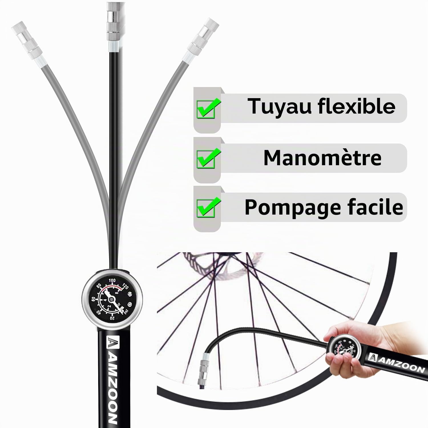 Pompe à Vélo avec Manomètre Tuyau Rallongé pour Schrader et Presta Valve