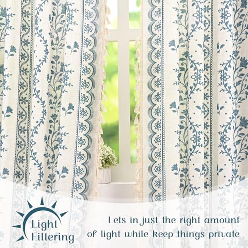 Image of Yinhua Boho Curtains for Living Room 63 Inch Length Vintage Linen Curtains for Bedroom Light Filtering Floral Window Curtain Rod Pocket & Back Tabs Rustic Tassel Drapes with Tiebacks, White Blue