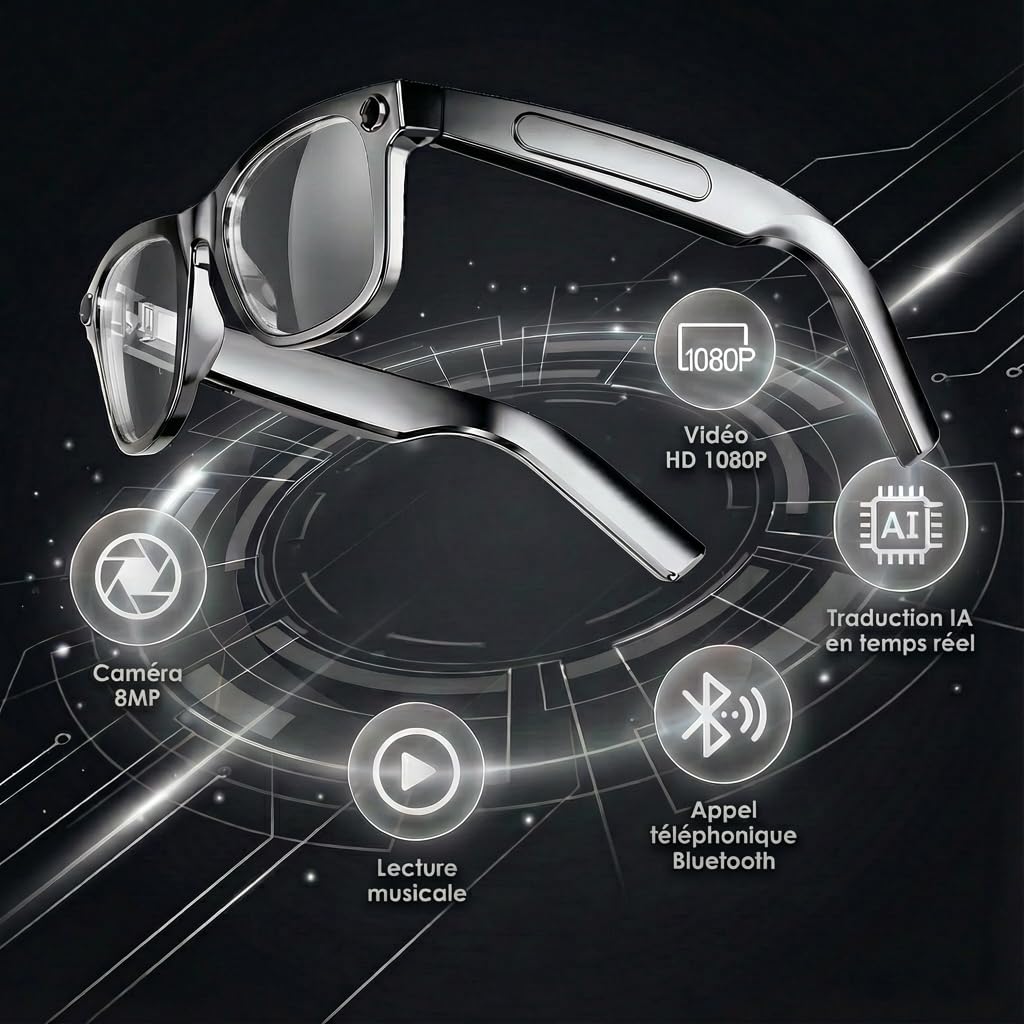 Lunettes Camera HD, 8MP 1080P Lunette Connectées IA, Processeur Double Cœur avec Assistant IA pour Traduction en Temps Réel, 410Mah Offrant 16 Heures d'Autonomie, Wi-FI Bluetooth Lunette Intelligente
