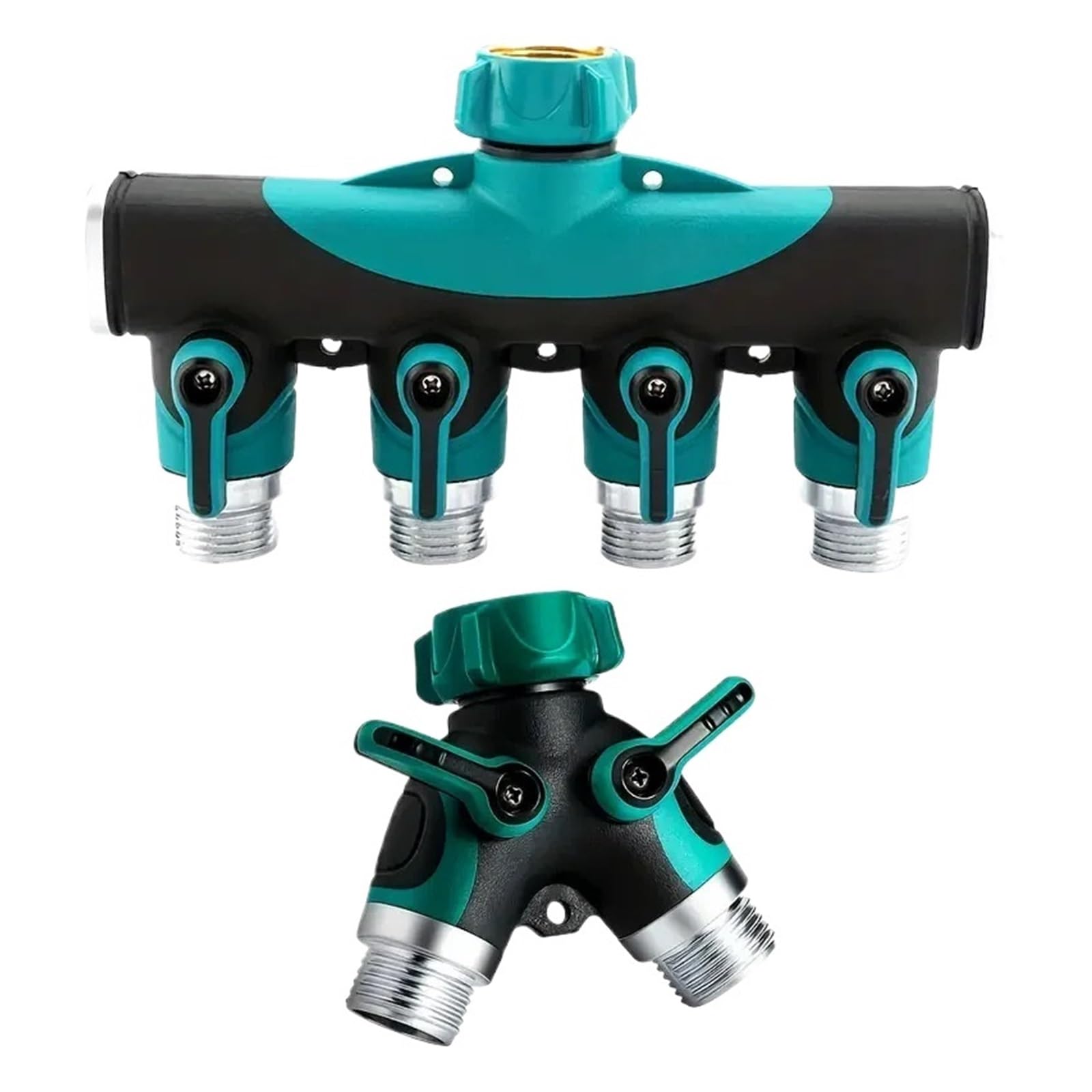 Conector de manguera 4 vías y 2 mangueras, adaptador grifo agua for jardín, válvula cierre Compatible con el hogar, estándar EE. UU., 3/4"(American 4 WAY)