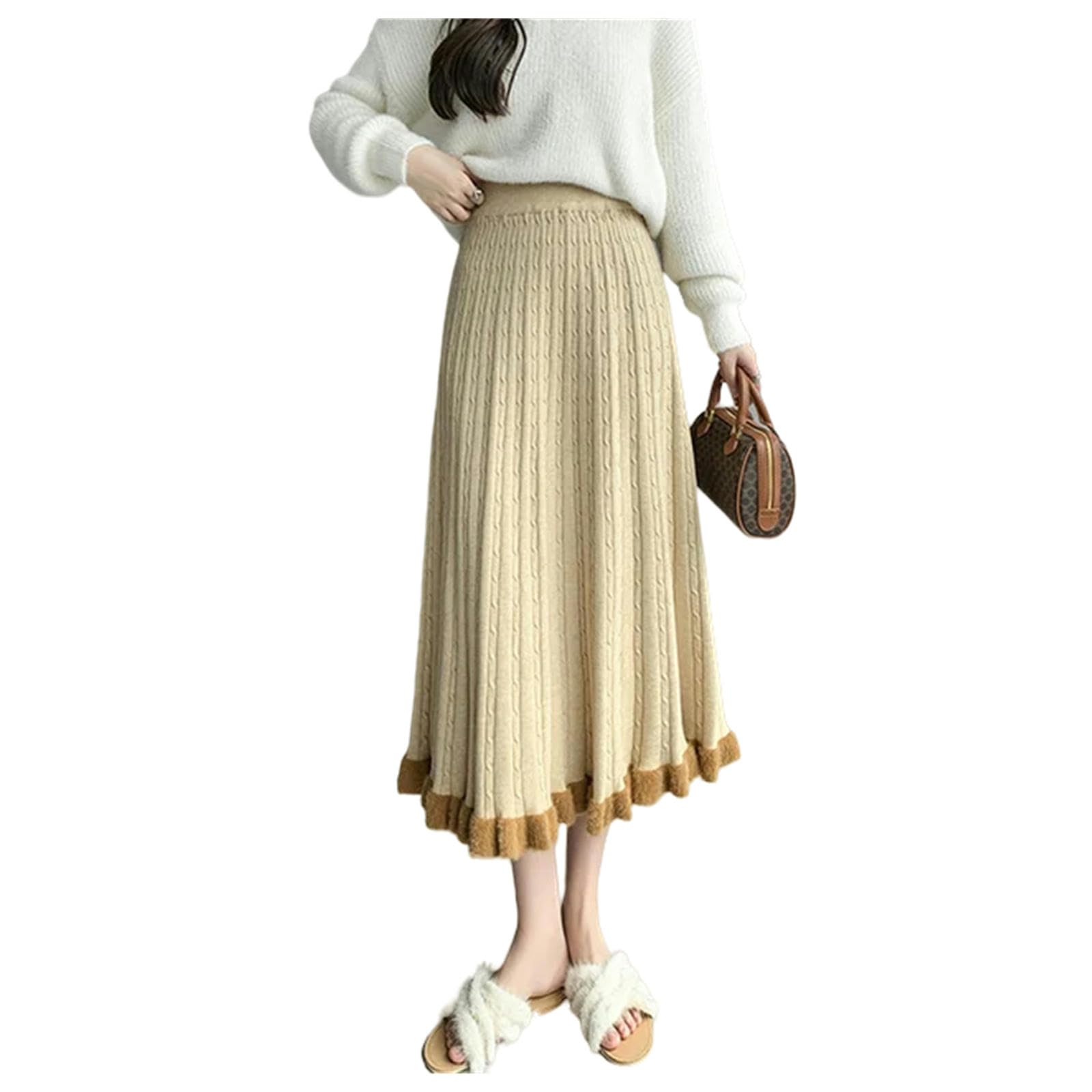 MdybF Czarna spódnica dzianinowa długa spódnica damska zimowa ciepła spódnica midi elegancka na co dzień moda wysoka talia spódnica o linii A