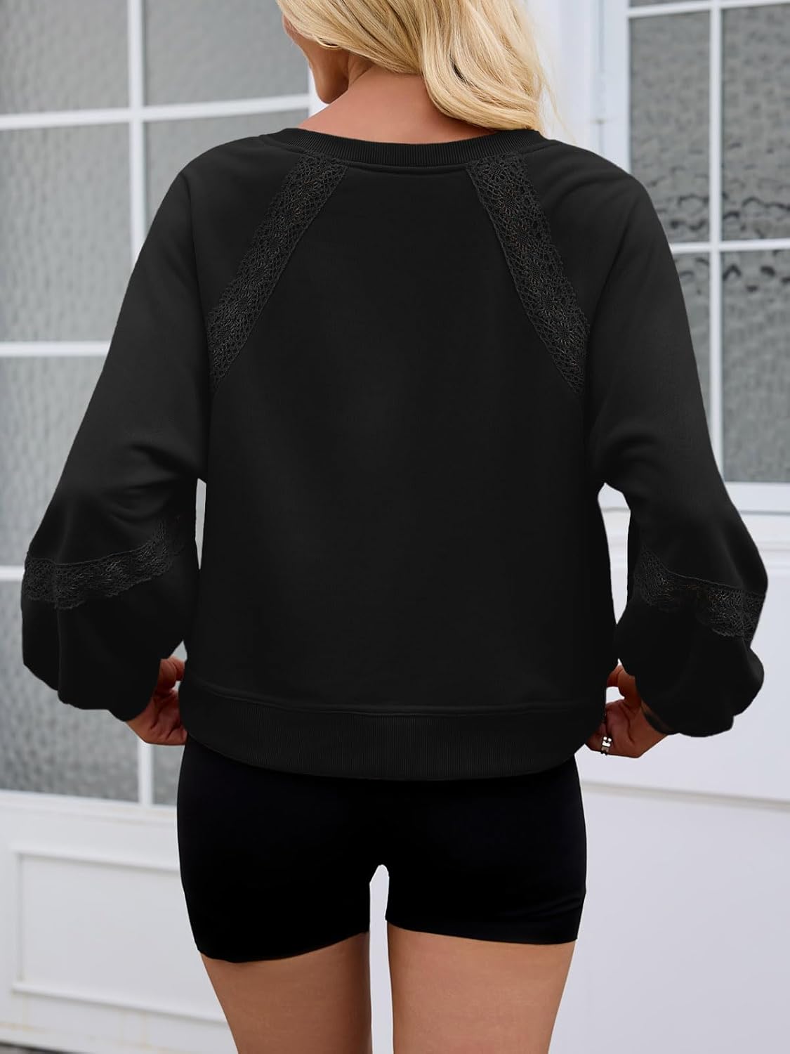 Fisoew Womens Oversized Sweatshirt Casual V Neck Lace Lantern Long Sleeve Cropped Loose Fit Fall Pullover Tops - Image 4