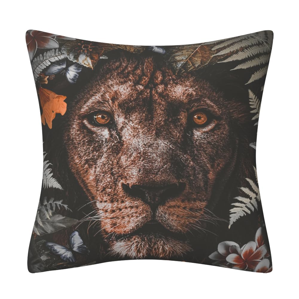 DILOXNSU Cushion Covers Wild Lion with Leaves Flower Pillow Cover 45 x 45 cm Home Decorations Cushions for Livingroom Couch Sofa Decor Throw Pillow Case 18"x18"