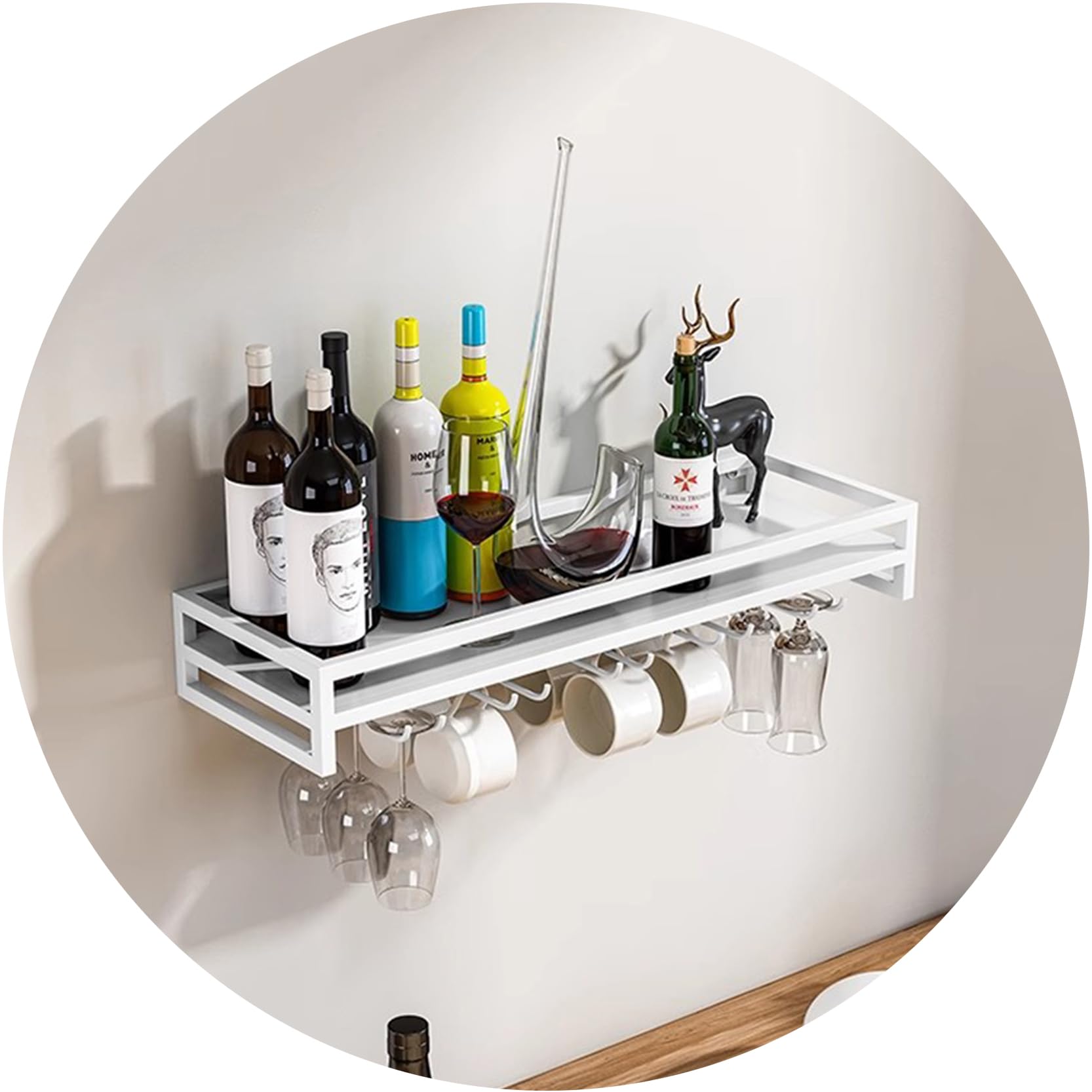 Étagère à vin murale industrielle blanche 100x20x80 cm avec porte-verres pour cuisine