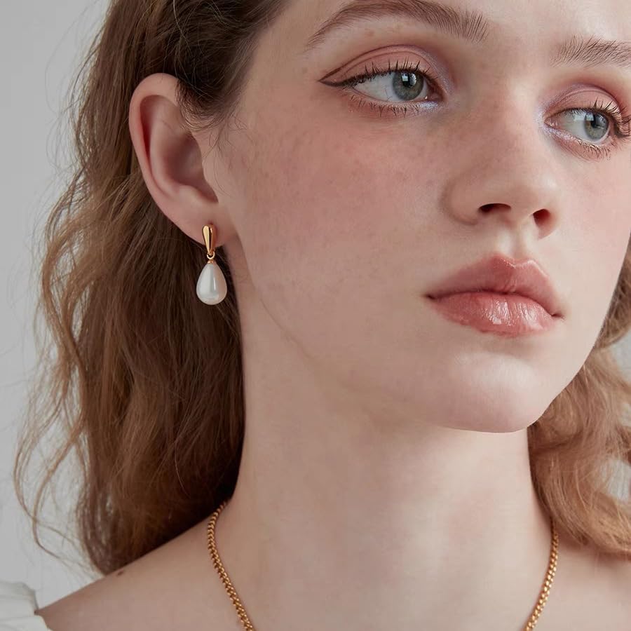 14k Gold Plated Lightweight Pearl Earrings,Trendy Jewelry,Teardrop Hoop Earrings for Women,Pearl Drop Earrings,Elegant Jewelry for Gifts4
