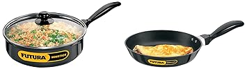 Hawkins Futura Nonstick Curry Pan (Saute Pan) with Glass Lid, Capacity 3.25 Litre, Diameter 24 cm, Thickness 3.25 mm, Black (NCP325G) Futura Nonstick Frying Pan, Capacity 1 Litre, Diameter 22