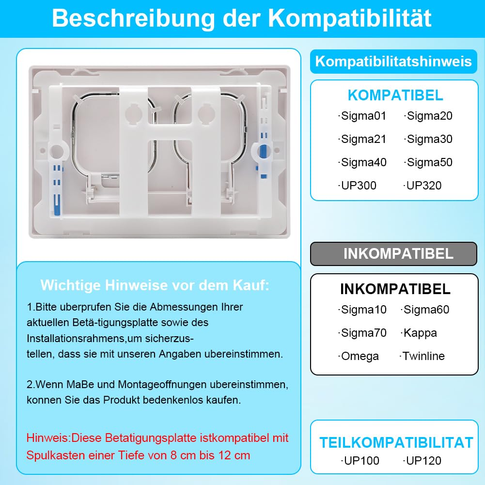 Przycisk WC, kompatybilny z Geberit Sigma, serie UP300 i UP320, podwójne spłukiwanie 243 × 162 mm, w zestawie z uchwytem spłuczki i ramą montażową (Biały)