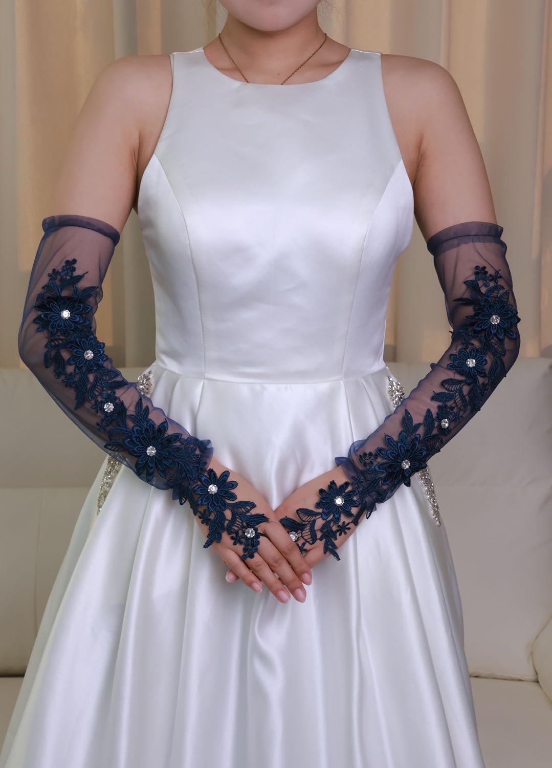 Specell Women's Long Lace Fingerless Gloves Sheer Mesh Tulle Elbow Length Gloves for Bridal Wedding Party Prom Dance Opera