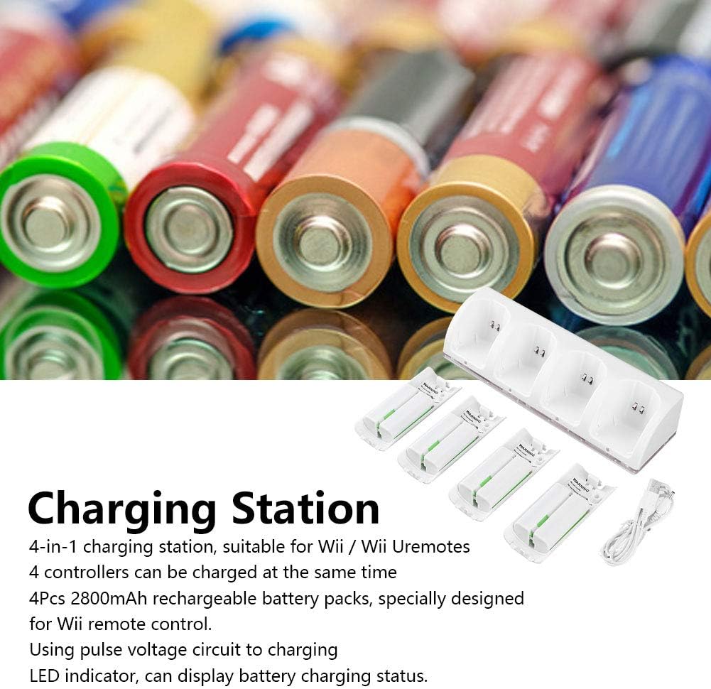 Wii Remote Controller Charger White 4 in 1 Charging Station Charger with 4Pcs 2800mAh Battery for Wii/Wii Uremotes