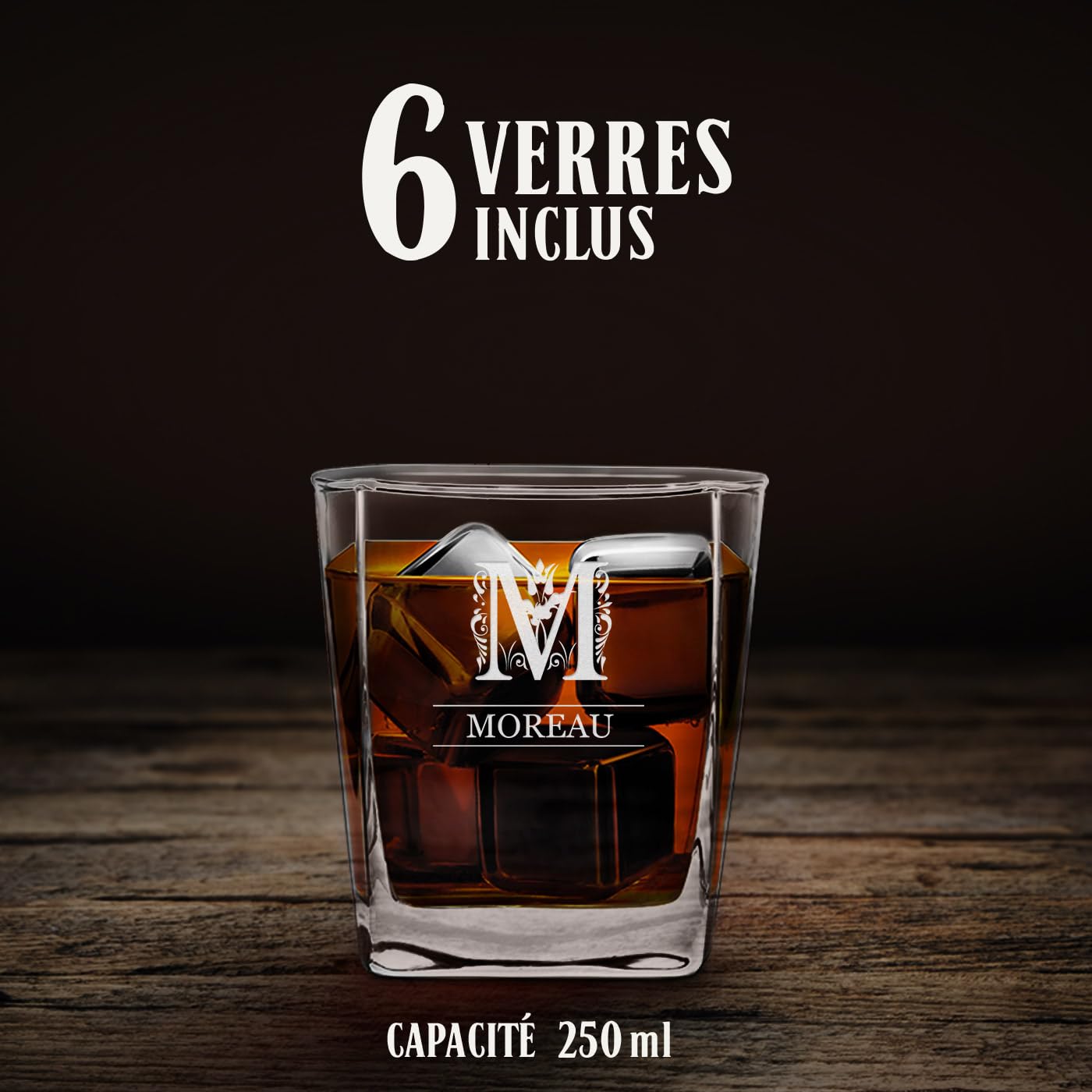 Maverton Ensemble à Whisky personnalisé - 81cl Carafe et 6 Verres avec Gravure pour Hommes - pour dégustation de Rhum Scotch Bourbon - pour Gentlemen - pour Anniversaire - Cadeau Noel - Nom