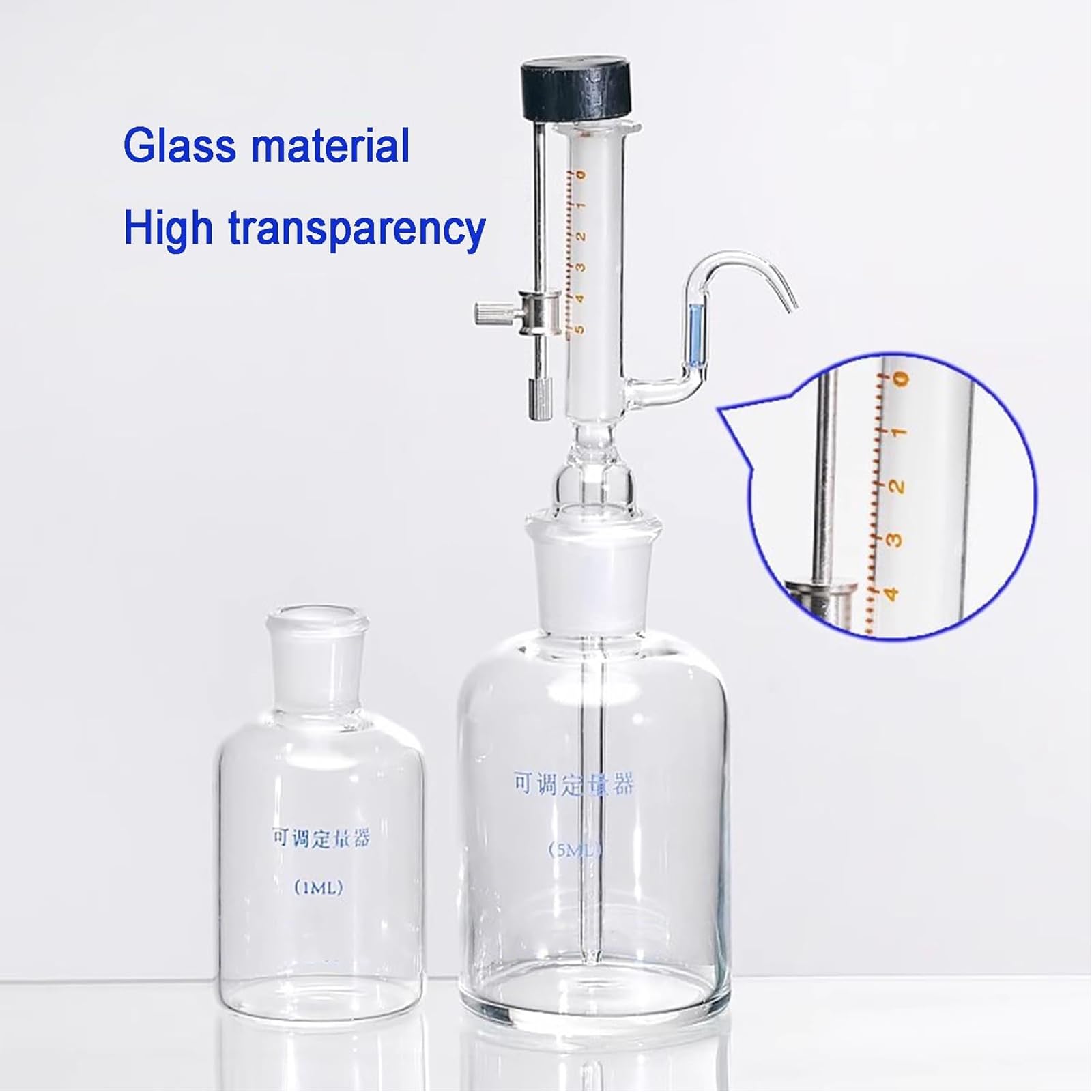 Butelka ze szklaną pipetą 1/5 ml, mikroregulacyjny dozownik cieczy, z pokrętłem regulacyjnym ze stali nierdzewnej, do precyzyjnych pomiarów laboratoryjnych