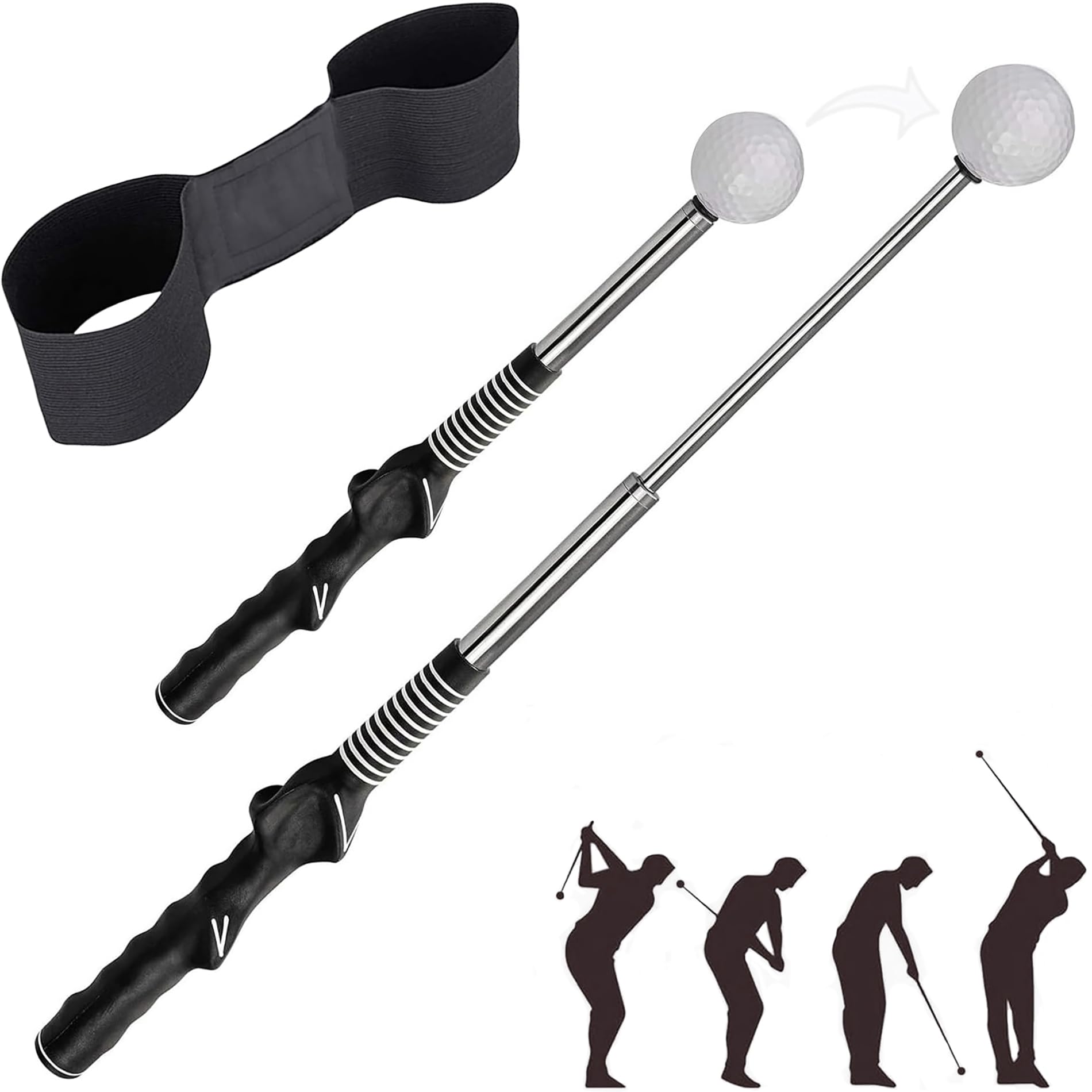 – Golf club training kit with extendable swing trainer and arm posture correction strap, adjustable grip trainer, practice accessories suitable for beginners and professionals (black).