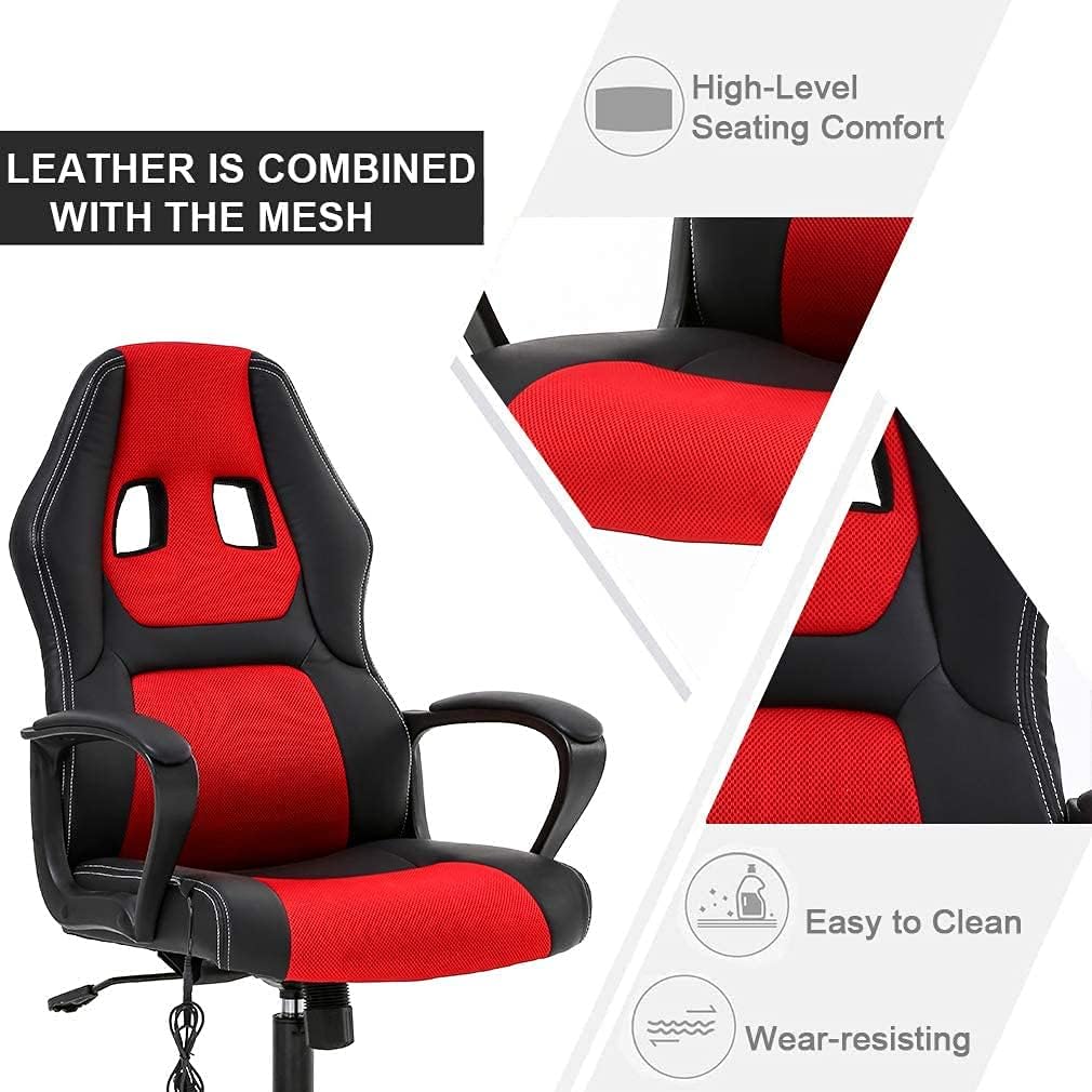 Close-up of the chair's material, showing leather combined with mesh, with icons indicating 'High-Level Seating Comfort', 'Easy to Clean', and 'Wear-resisting'.