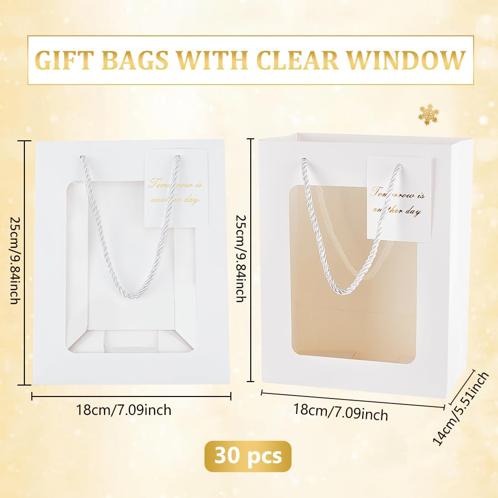 BENECREAT 30 pz Sacchetti Regalo Bianchi Trasparenti con Finestra, Sacchetti Regalo In Carta con Finestra Visibile, Sacchetti di Carta Regalo per Caramelle con Manico con Coulisse,18x14x25cm