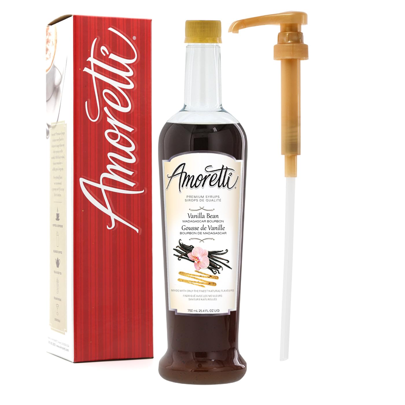 Amoretti - Premium Madagascar Bourbon Vanilla Bean Syrup, 94 Servings Per Bottle (750 ml), with Pump for Flavoring Coffees, Cocktails, and other Beverages, Gluten Free, GMO/GEO Free, Preservative Free