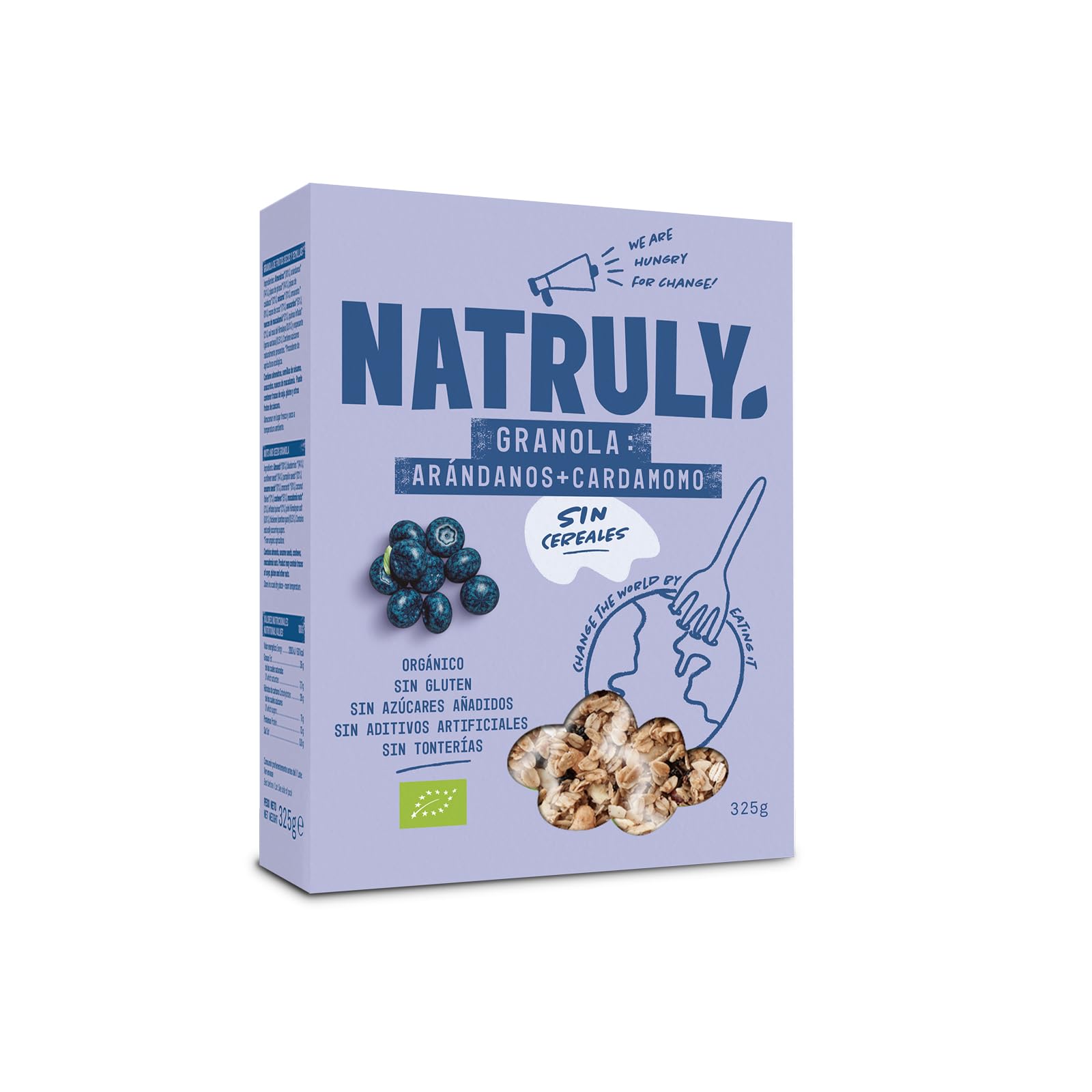 NATRULY Granola BIO Sin Azúcar Refinado, Sin Gluten, Solo Frutos Secos y Semillas, Sin Cereales, Sabor Arándanos - Pack 6x325g