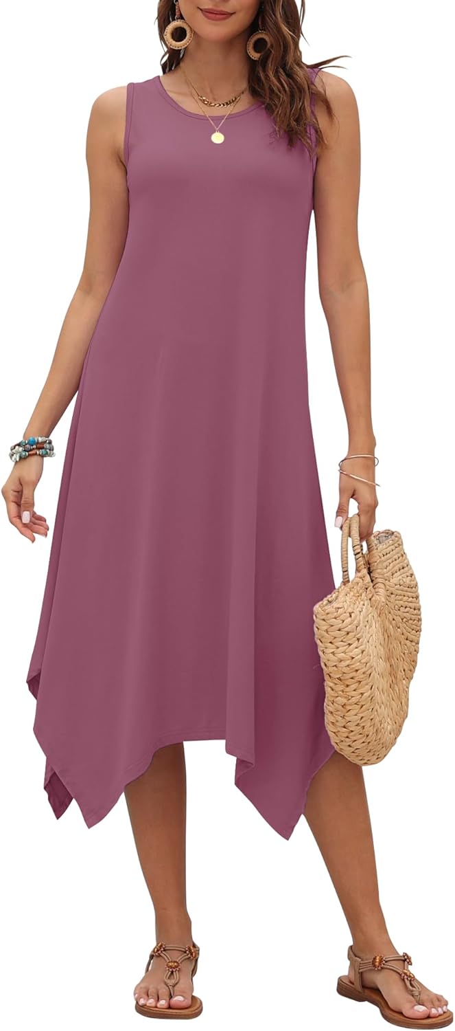 AUSELILY Women's Summer Dresses 2025 Casual Sleeveless Sundress Asymmetrical Hem Midi Tank Beach Dress with Pockets Mauve L - Image 2