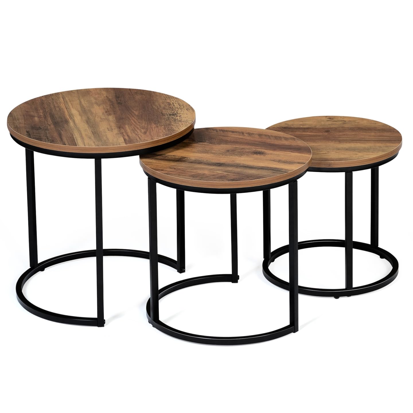 IDMarket - Lot de 3 Tables Basses gigognes Hawkins Rondes 30/40/45 Bois foncé Design Industriel