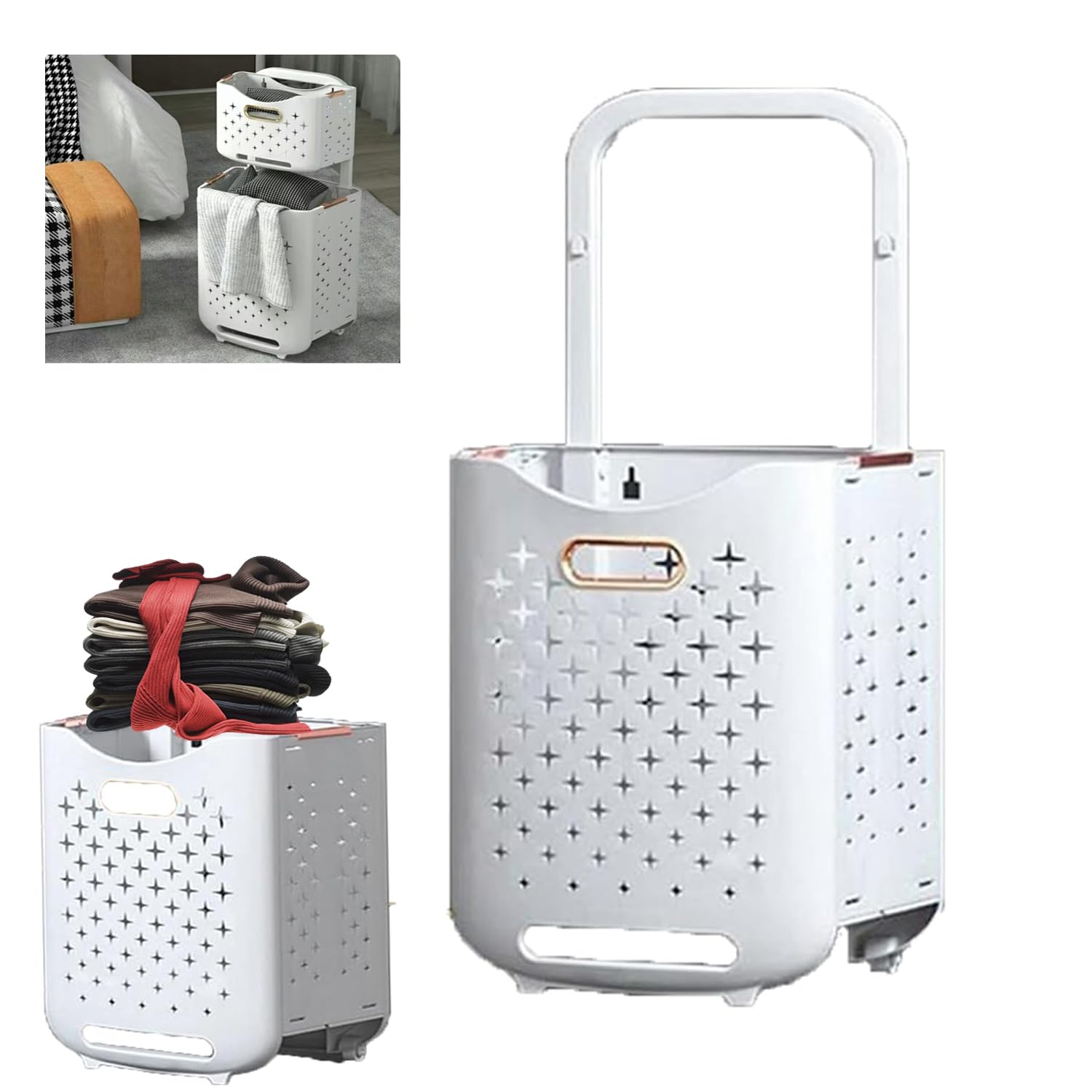 Hooha Faltbarer Wäschekorb Auf Rollen 2 Fächer Wäschekorb Plastik 77 Liter Wäschewagen für Schmutzwäsche/Spielzeug/Reinigungsmittel Aufbewahrung 34.5cm X 26cm X 75cm Storage Basket 2er Set