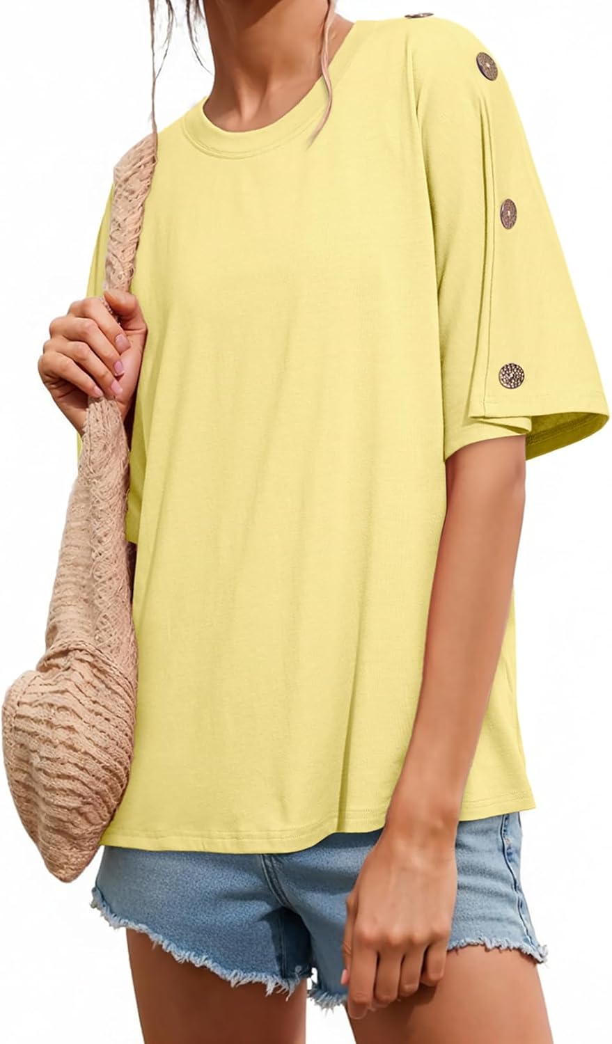 Dokotoo Women's Short Sleeve Crew Neck Tops Button Casual Summer Oversized T Shirts Soft Blouses