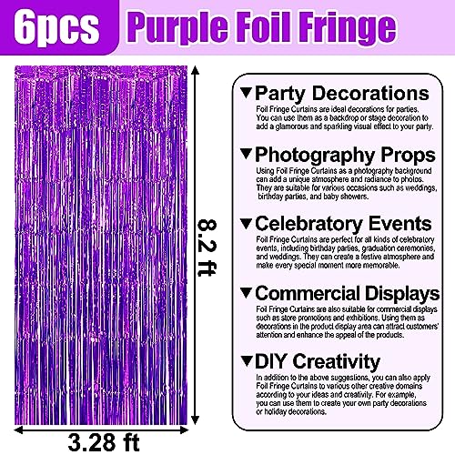 Image of 6 Pack Purple Foil Fringe Curtain Backdrop, 3.28Ft x 8.2Ft Metallic Tinsel Foil Fringe Streamer Curtains for Photo Booth, Christmas Day, Thanksgiving, Wedding, New Year Party Decorations