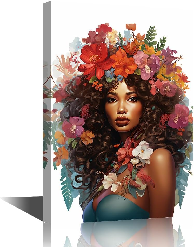 Beautiful African American Woman with Flowers in Her Curly Hair Wall Art Canvas Wall Decor Fashion Portrait Picture with Frames Woman with Makeup Painting Art Work for Living Room 12"Wx18"Hx1 Panel