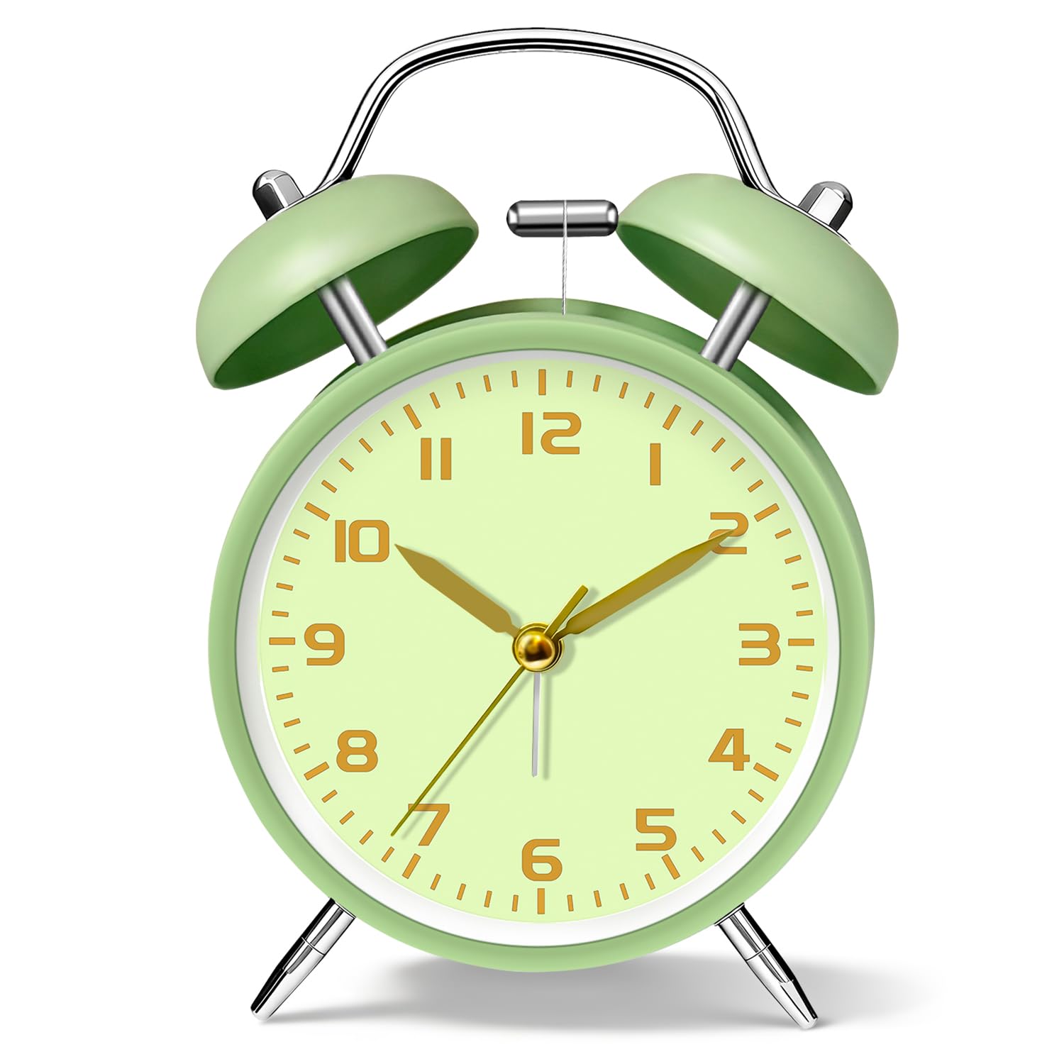 11.5cm Battery Operated Alarm Clock with Light, Metal Analog Twin Bell Loud Alarm Clock for Heavy Sleepers Adults, Silent No Ticking Old School Retro Desk Bedside Clocks for Kids Seniors, Green