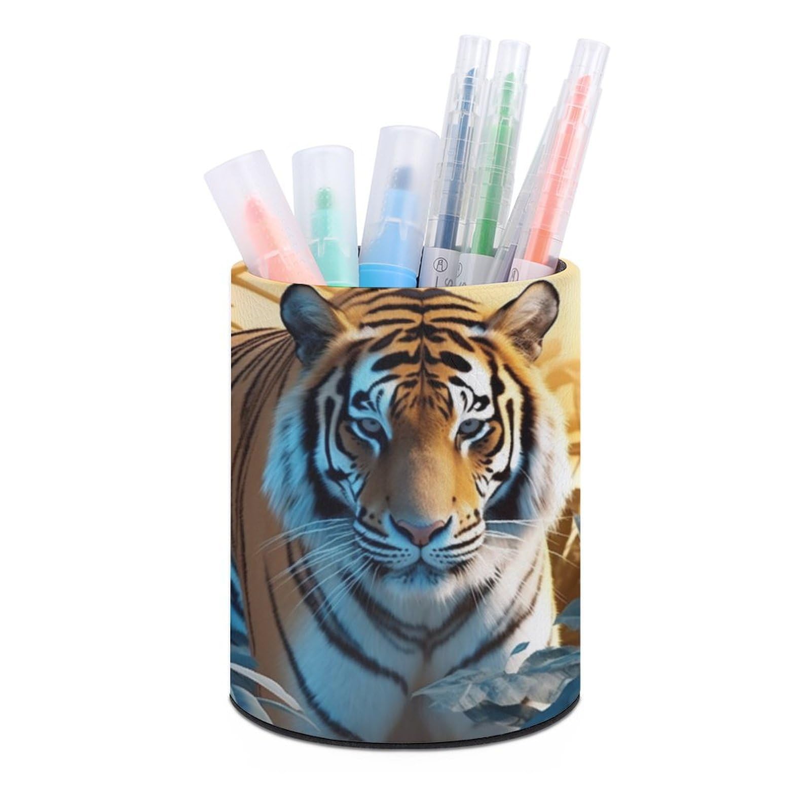 DWVTSLH Aesthetic Pen Holder for Desk - Modern Leather Pencil Holder - Stylish Round Makeup Brush Holder - African Wildlife Tiger Pen Cup Cute And Functional Desk Organizer for Office Supplies