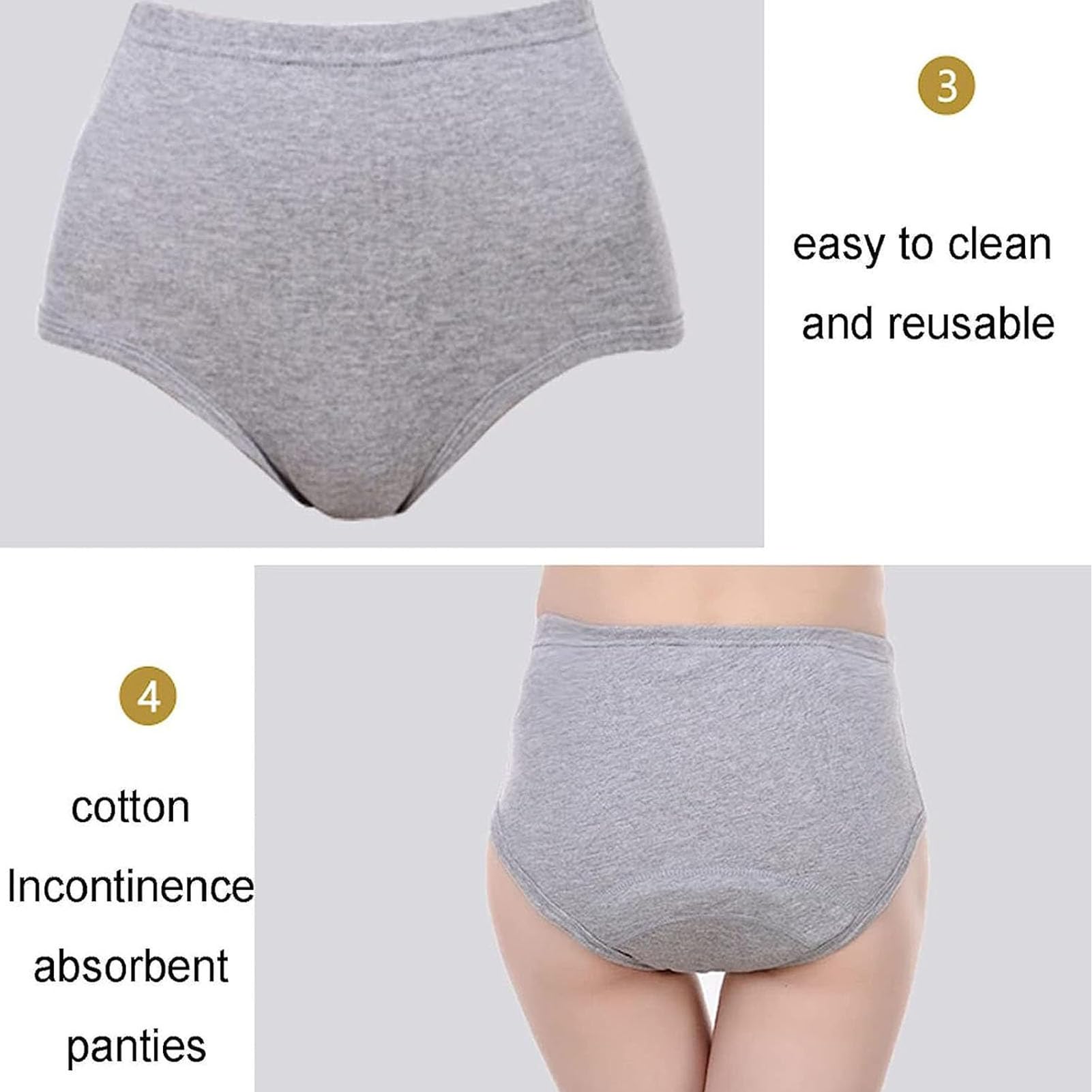 Ropa Interior de Mujer para La Incontinencia Cintura Alta Braga Menstrual Algodón Slip para Mujer Lavable Algodón Adulto con Almohadilla AbsorbenteBlack 2Pcs,L