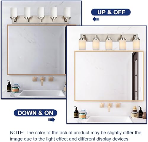 Miniatura 5 de TODOLUZ Lámparas de baño de níquel cepillado, 5 luces de iluminación moderna sobre espejo, lámpara de montaje en pared de granja para dormitorio y