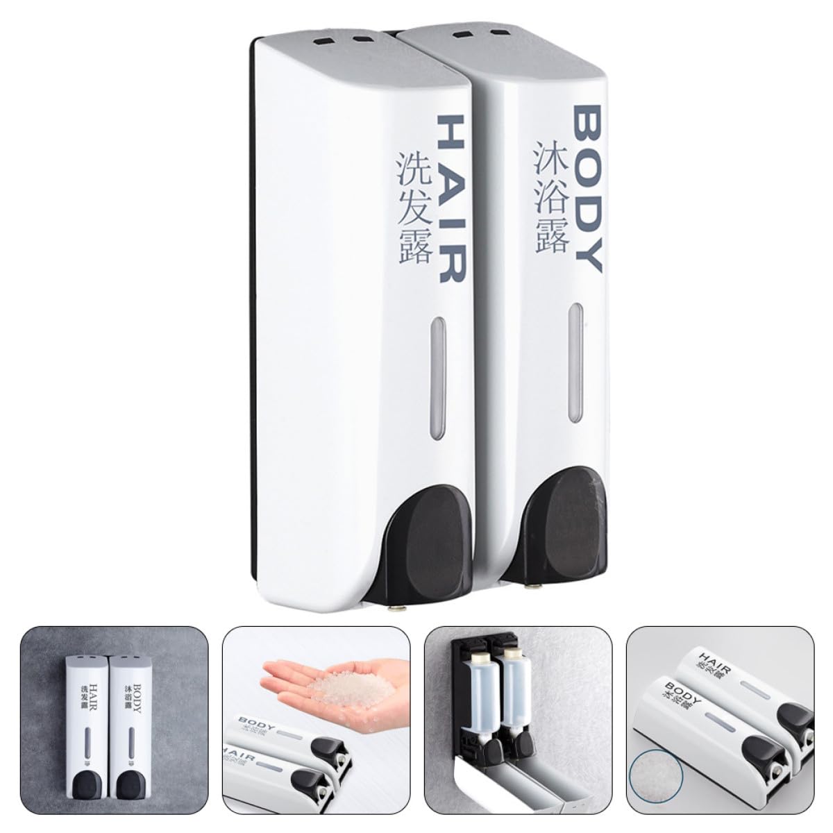 Dispensador de Champú y Gel de Ducha para Pared sin Taladro, Doble Cabeza, Plástico Resistente, Color Claro con Texto, Recargable para Baño y Hotel, Dispensador Manual de Loción
