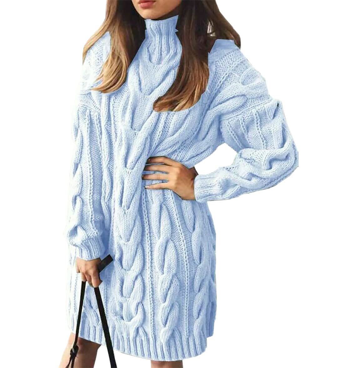 DigitalSpot Womens Long Sleeve Chunky Cable Knitted Jumper Ladies High Polo Neck Midi Dress Light Blue