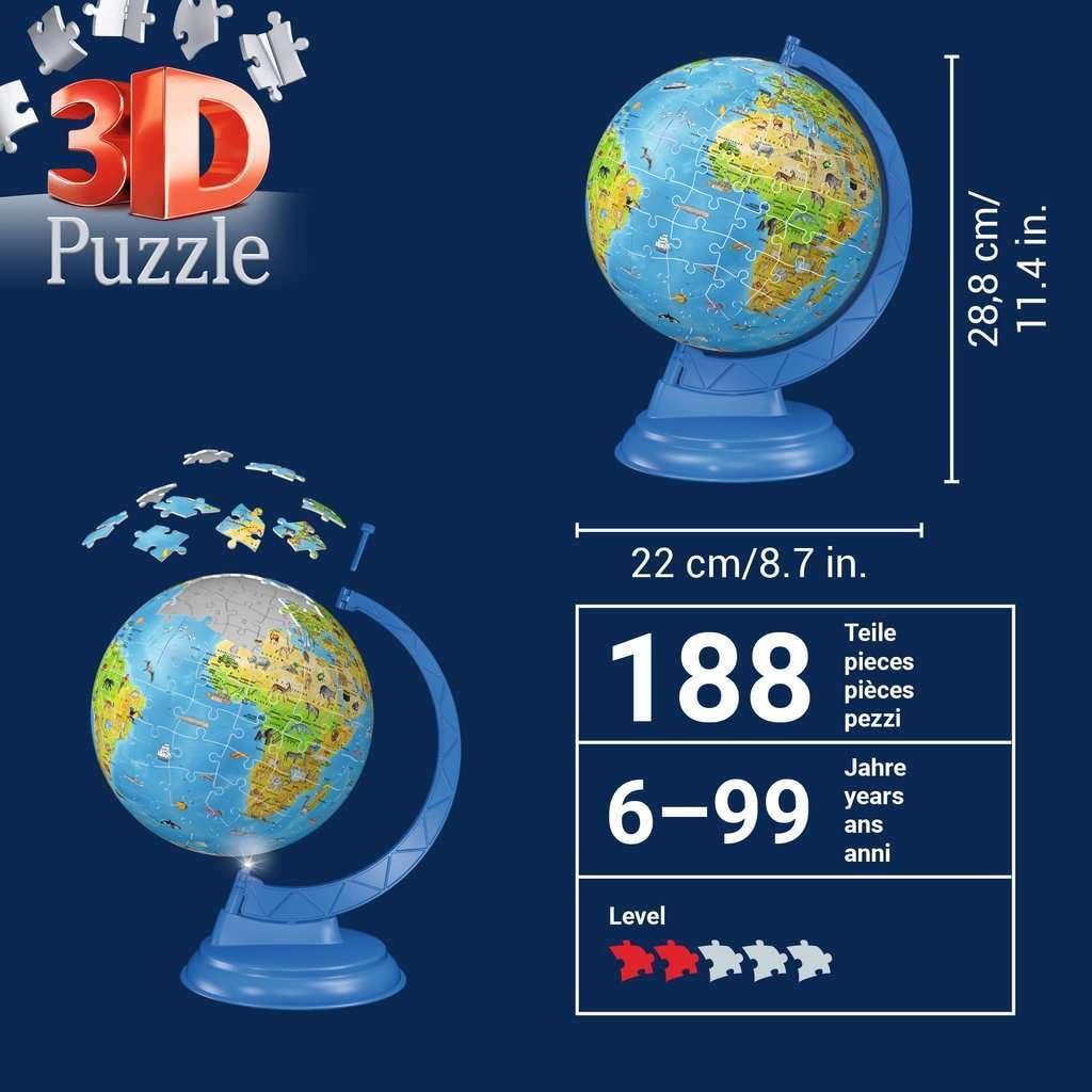 Ravensburger 3D Puzzle 11274 - Kinderglobus mit Licht in deutscher Sprache - 180 Teile - Beleuchteter Globus für Kinder ab 6 Jahren: Erlebe Puzzeln in der 3. Dimension