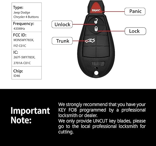 Miniatura 3 de Repuesto para Dodge Charger Magnum Jeep Grand Cherokee Chrysler 300 Control remoto M3N5WY783X 4 botones 433MHz