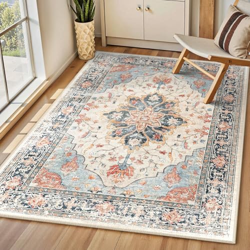 INOVADAY Vintage Waschbarer Teppich Wohnzimmer 90x150 cm Boho Kurzflor rutschfest Teppich Weich Teppiche mit Druckmuster für Schlafzimmer, Esszimmer, Büro Beige/Blau/Orange