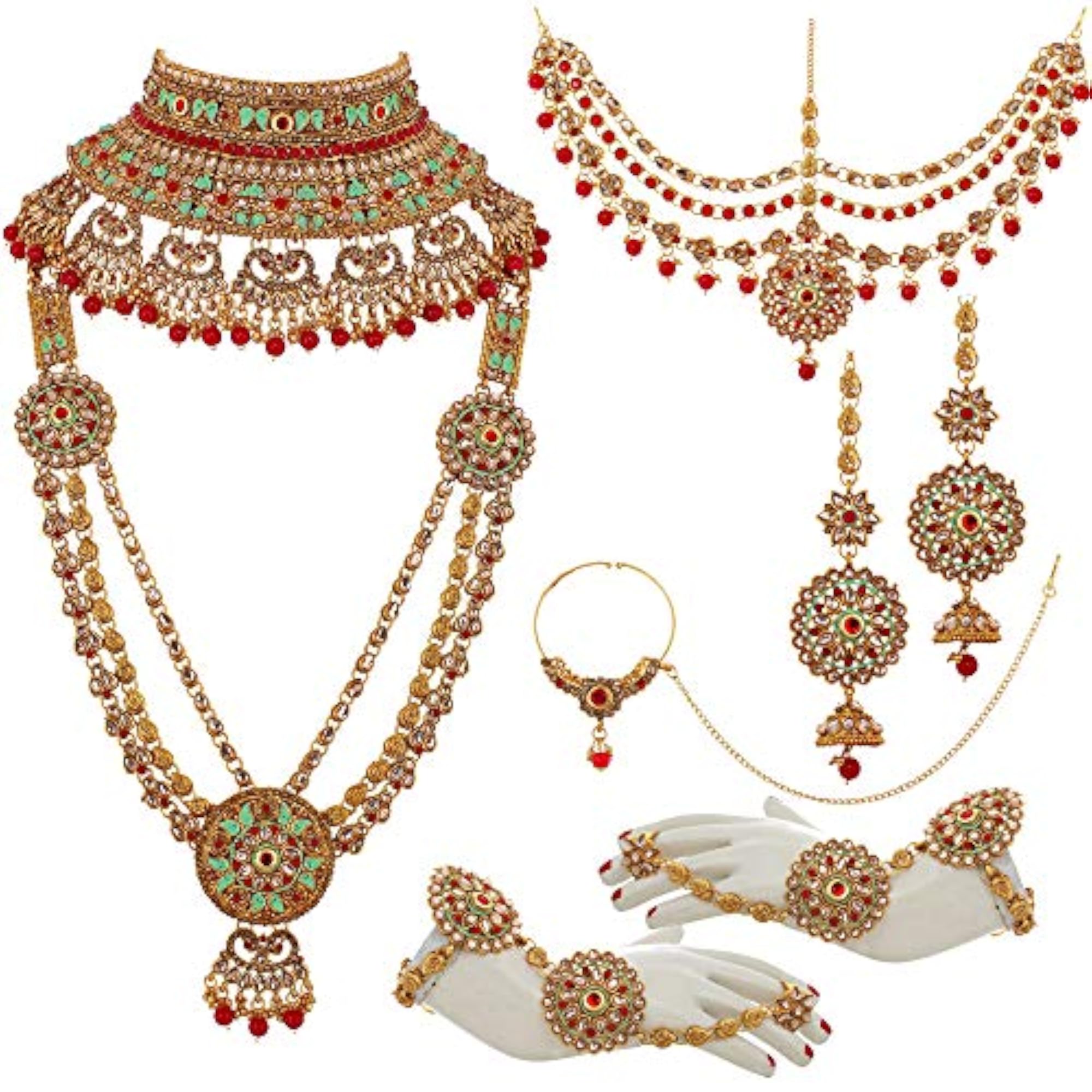 Bridal Matte Meenakari Copper Gold Plated Dulhan Shadi Set, Rubi Red & Mint