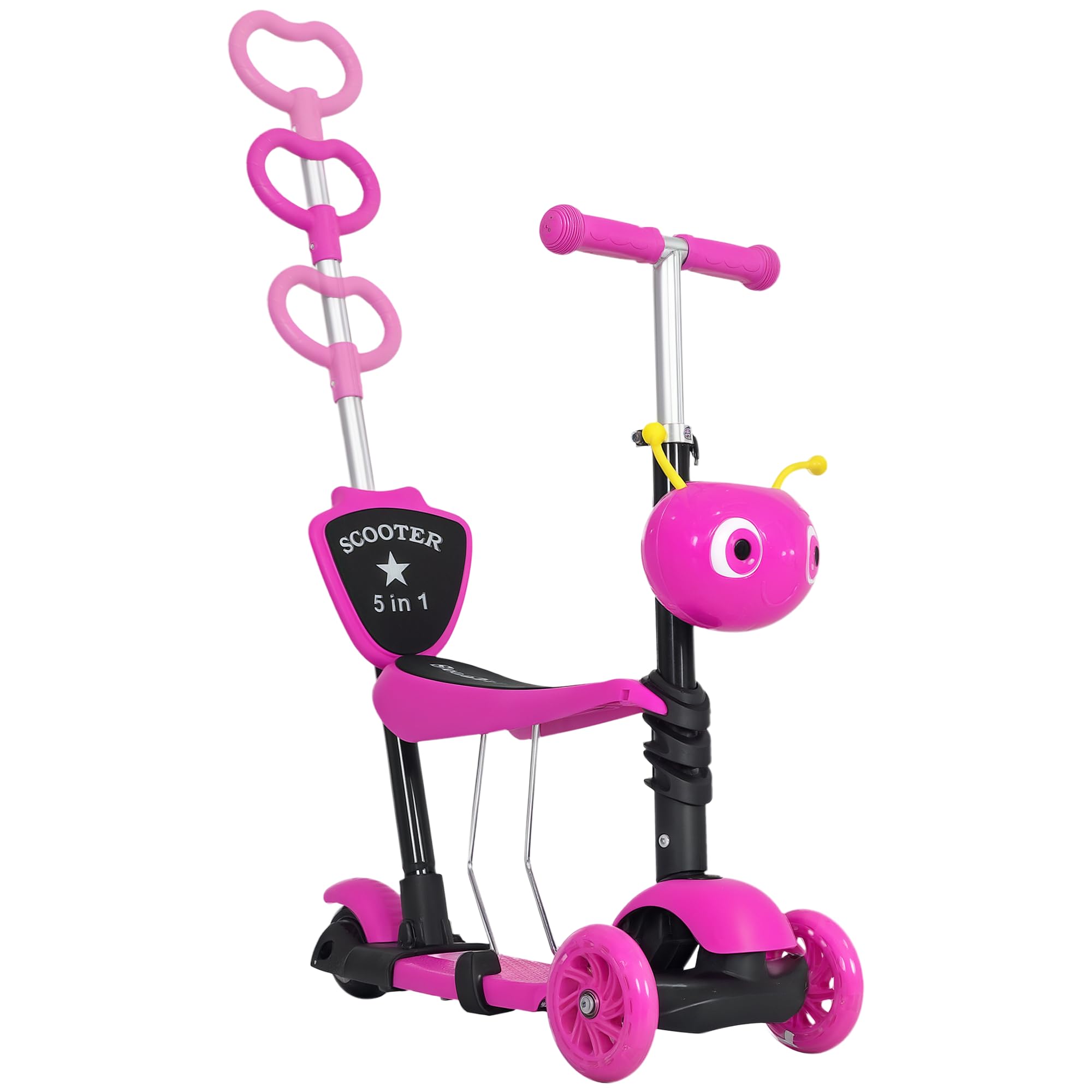 HOMCOM 3 en 1 Patinete para Niños de +18 Meses Scooter de 3 Ruedas con Asiento Extraíble Manillar Mango de Empuje Altura Ajustable 62x25x72,5 cm Rosa
