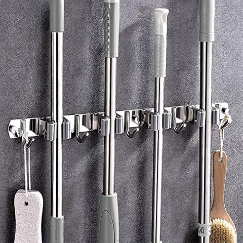 PeoTRIOL Broom Holder Wall Mounted, Mop Holder Broom Grippers Non-Slip Hangers, Garden Tools, Kitchen, Bathroom, Garage, Closet Mess Organizer w/ 3 Racks 4 Hooks - Stainless Steel Material - Grey Cover